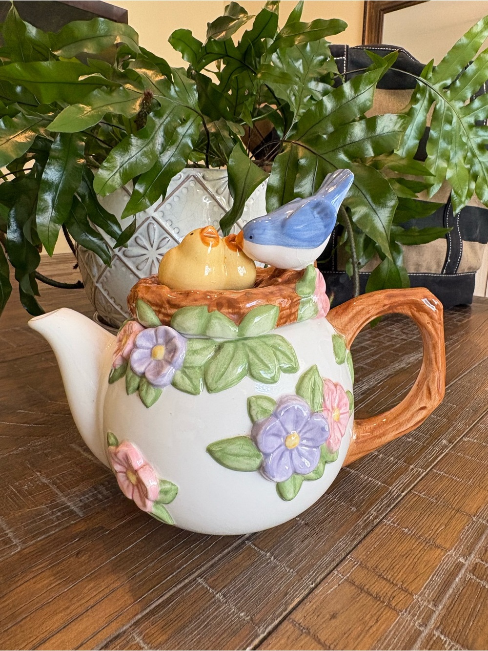 Teleflora Ceramic Bird Nest Teapot with Floral  Decorations